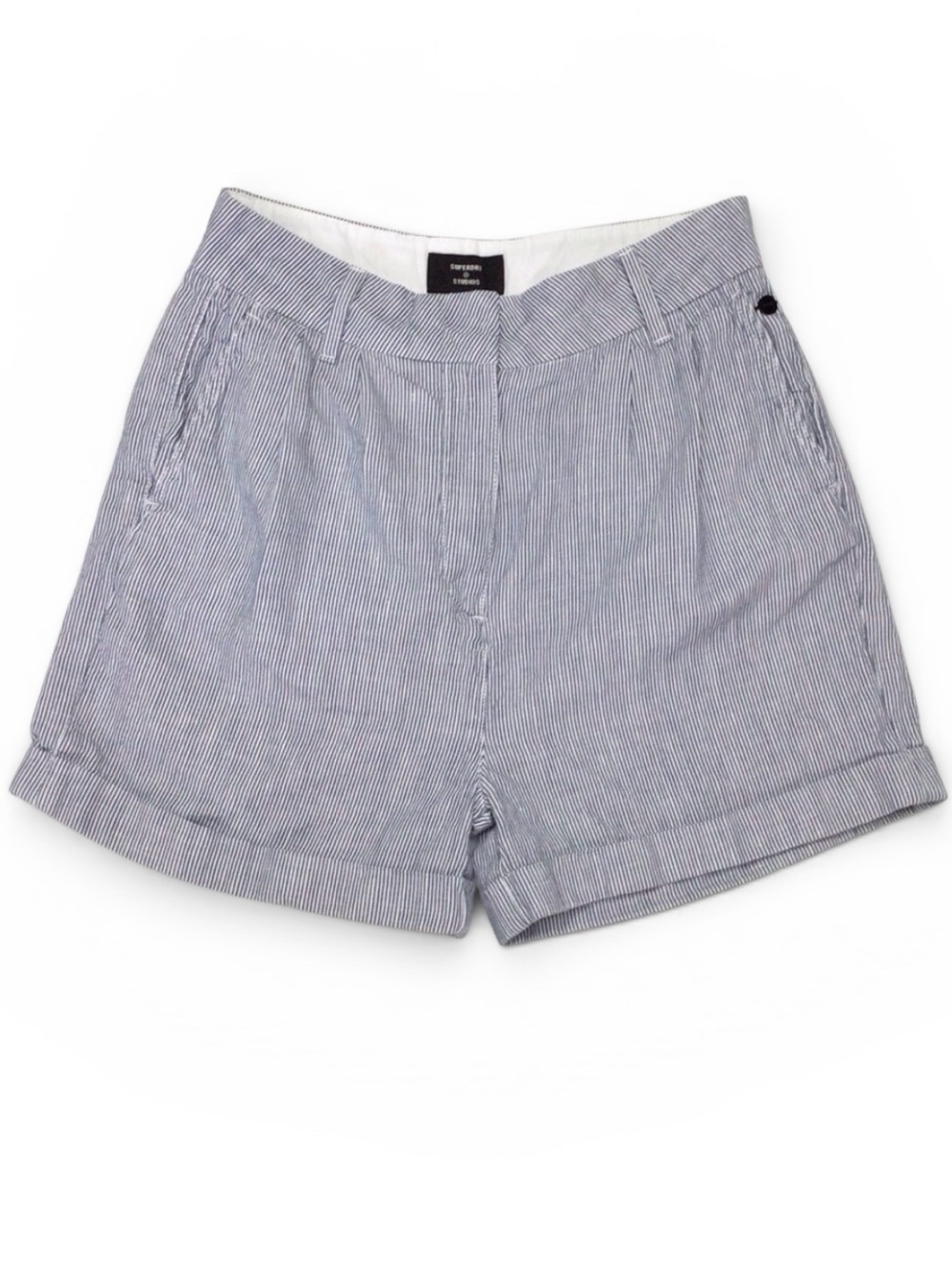 Superdry Studios Linen Blend Seersucker Shorts Size 4 Blue White Striped Cuffed